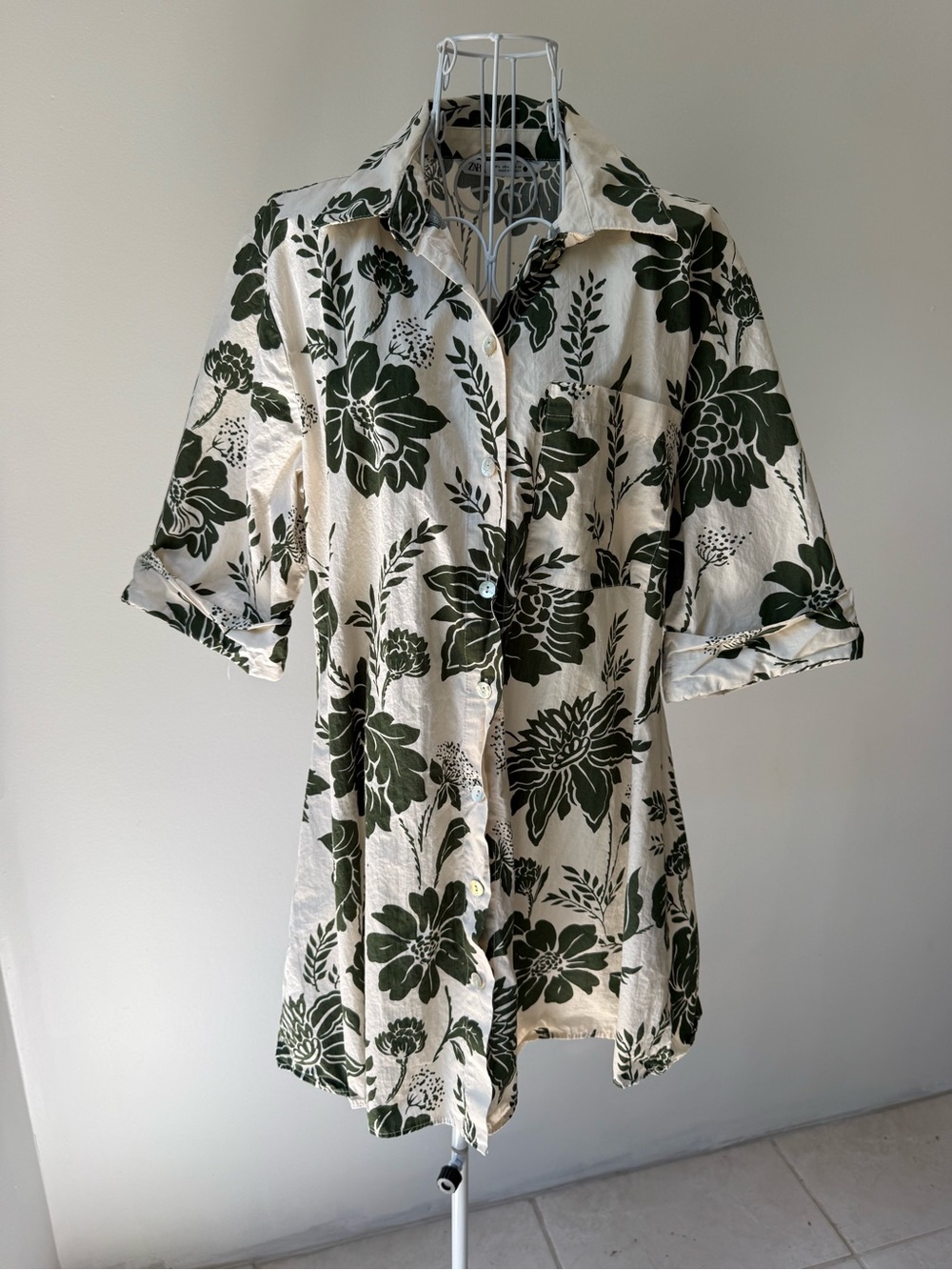 Zara Floral Shirt Dress Green Cream Button Front Midi Dress Size Large L